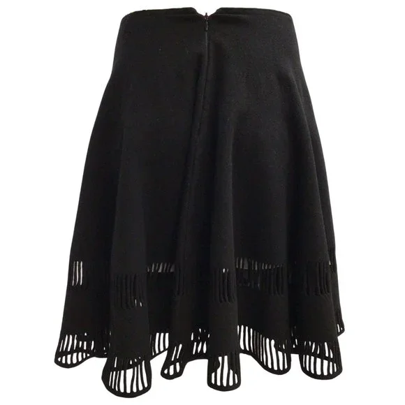 ALAIA PARIS BLACK CUT-OUT DETAIL WOOL KNIT FLARED A-LINE SKIRT - Picture 3 of 4